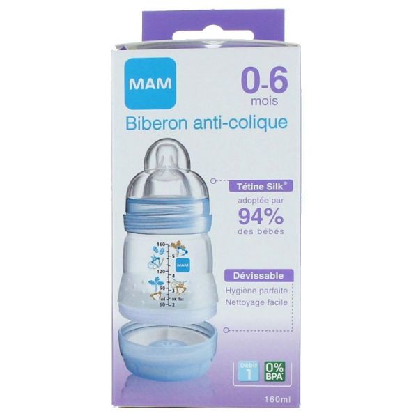 Biberon anticolique tétine débit 1 bleu 160ml