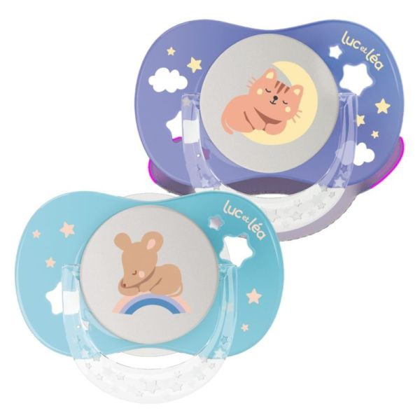 Duo de sucettes nuit anatomiques – Chat et Souris (6-18mois)